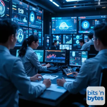 Pomieszczenie z zawieszonymi na ścianach ekranami, w centralnej części przy biurkach, znajdują się ludzie obsługujący tablet, patrzący na ekrany oraz pracujący przy komputerze