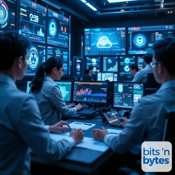 Pomieszczenie z zawieszonymi na ścianach ekranami, w centralnej części przy biurkach, znajdują się ludzie obsługujący tablet, patrzący na ekrany oraz pracujący przy komputerze