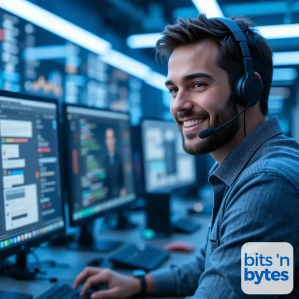 Młody elegancki mężczyzna uśmiecha się, siedząc przed ekranem komputera, ma na głowie zestaw słuchawkowy z mikrofonem, prawa dłoń spoczywa na klawiaturze